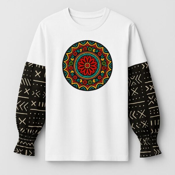 Black & White Ankara Print Cotton T-Shirt - Long Sleeve