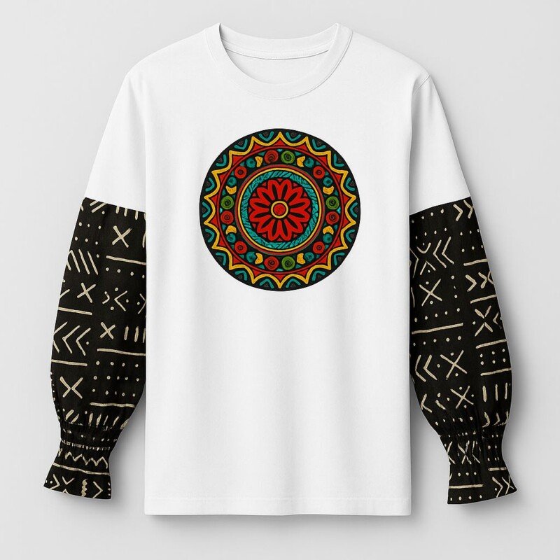 Black & White Ankara Print Cotton T-Shirt - Long Sleeve Black & White Ankara Print Cotton T-Shirt - Long Sleeve
