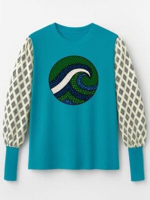 Blue Ocean Wave Ankara Cotton T-Shirt - Diamond Print Sleeves