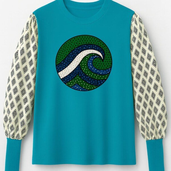 Blue Ocean Wave Ankara Cotton T-Shirt - Diamond Print Sleeves
