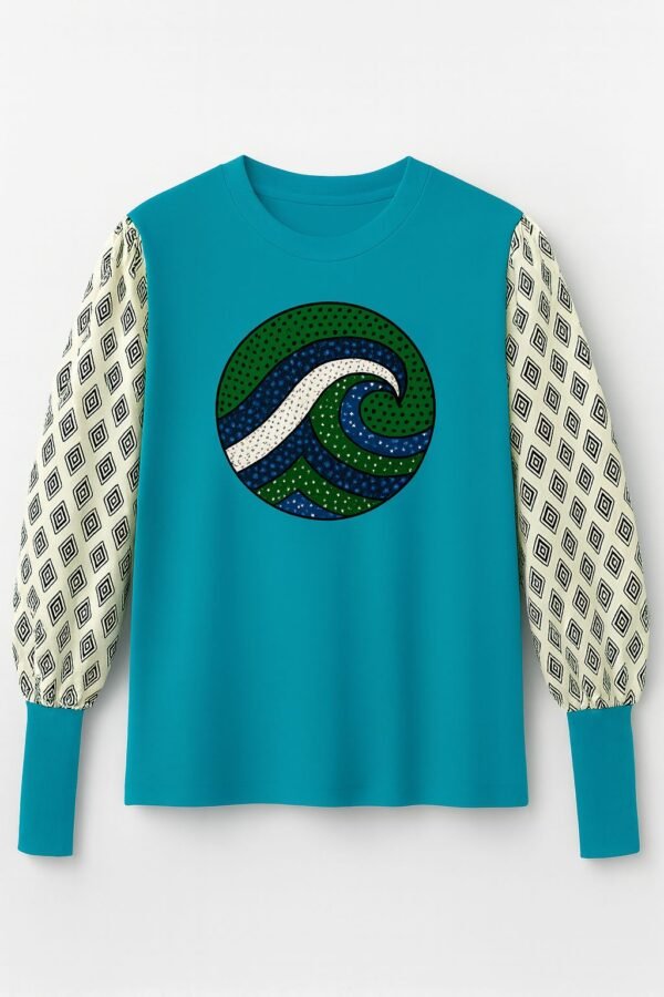 Blue Ocean Wave Ankara Cotton T-Shirt - Diamond Print Sleeves