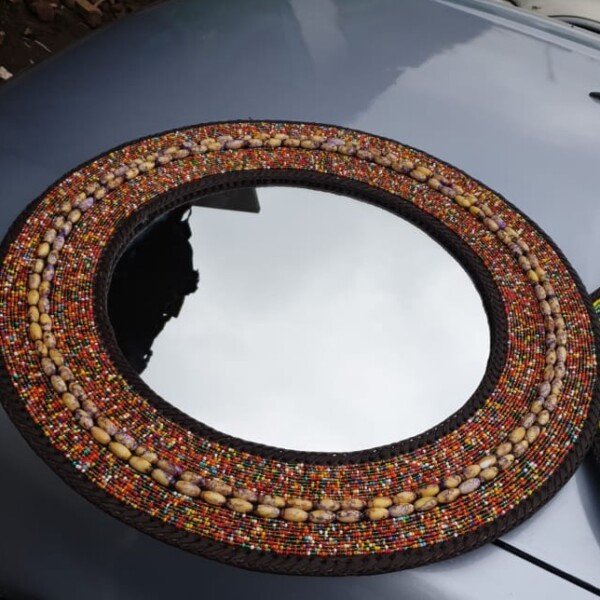 Brown Beaded Mirror with Shells