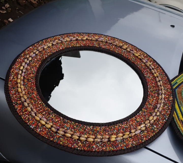 Brown Beaded Mirror with Shells