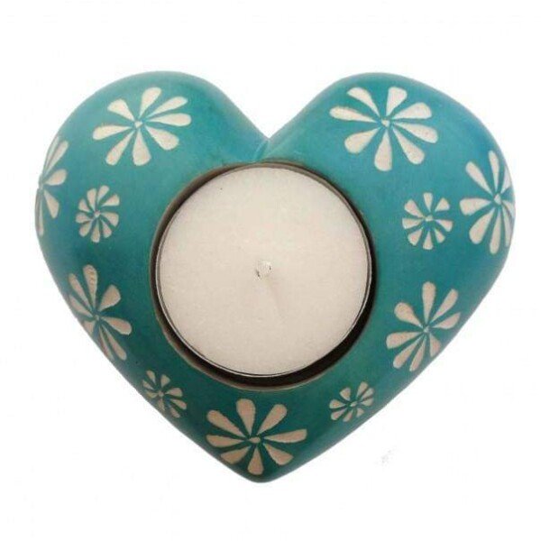 Blue Soapstone Heart Candle Holder