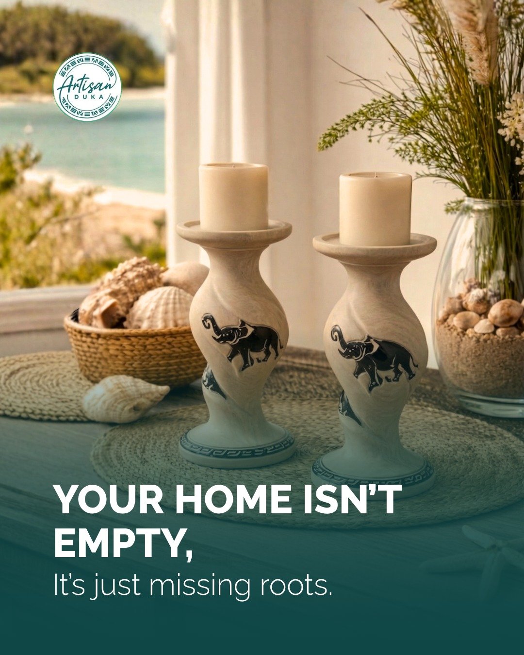 Candlelit African dining table with beaded placemats and glassware